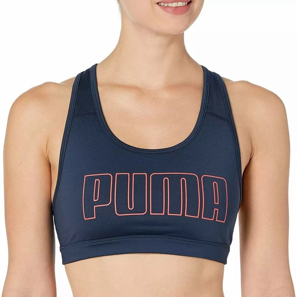 Puma Sports Bra 4Keeps NWT Med Impact Racerback Navy Blue/Pink Logo Non Padded L